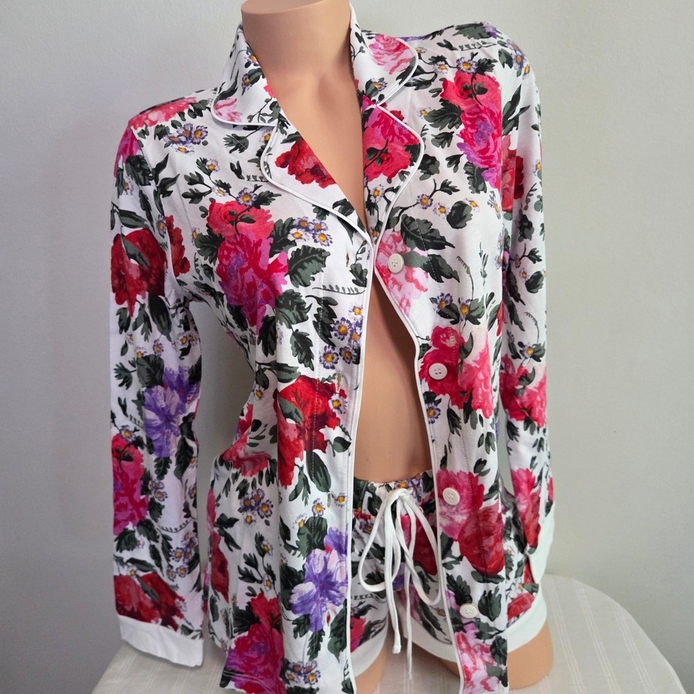 Cosabella Floral Rose Print Pajama Set Long Sleeve Button Down Top and Shorts